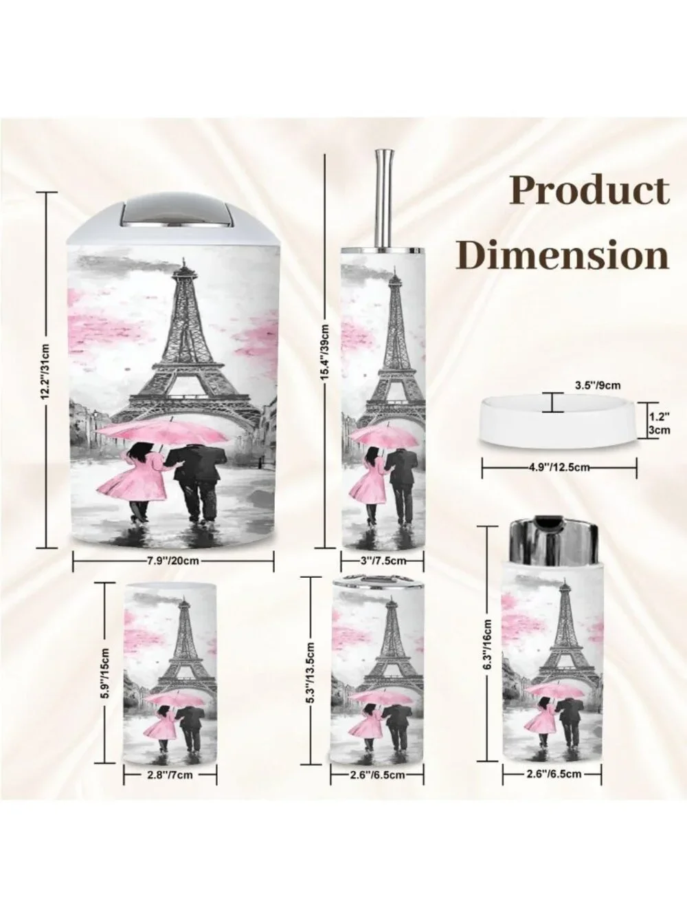 Chic 6-Piece Bathroom Accessory Set - Modern Parisian Design, Black & Pink Decor